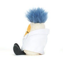 Load image into Gallery viewer, Close-up of Jellycat Amuseables Boiled Egg Scientist plush showing stitched facial features and costume details, Jellycat near me Hilton Head Island