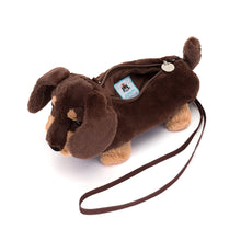 Load image into Gallery viewer, Brown Otto Sausage dog by Jellycat shoiulder bag with a strap on a white background