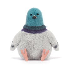 Load image into Gallery viewer, Jellycat Plush toy pigeon with blue and purple fringe feathers on a white background
