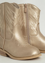 Load image into Gallery viewer, Pair of gold metallic cowboy boots on a light gray background