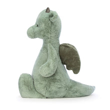 Load image into Gallery viewer, Green plush Jellycat dragon toy on a white background