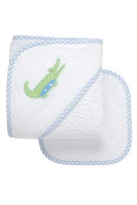 Alligator Applique Hooded Towel & Washcloth Set, Blue