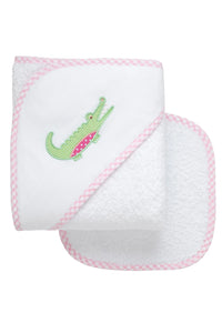 Alligator Applique Hooded Towel & Washcloth Set, Pink