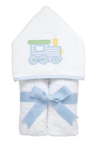 Train Everykid Hooded Towel by 3 Marthas with classic locomotive appliqué.
