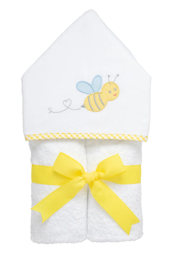 Bumble Bee Everykid Hooded Towel with blue wings and smiling appliqué by 3 Marthas.