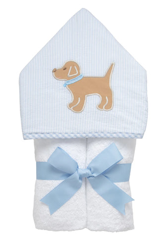 Puppy Boy Everykid Hooded Towel with blue dog appliqué by 3 Marthas.