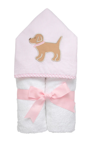 Puppy Girl Everykid Hooded Towel with pink dog appliqué by 3 Marthas.