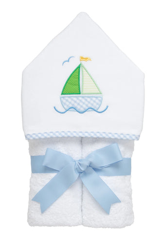 Blue Sailboat Everykid Hooded Towel with classic boat appliqué by 3 Marthas.