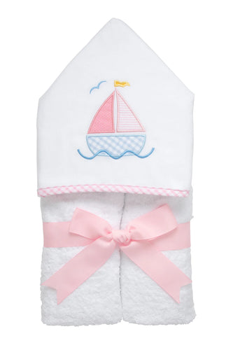 Pink Sailboat Everykid Hooded Towel with pink boat appliqué by 3 Marthas.