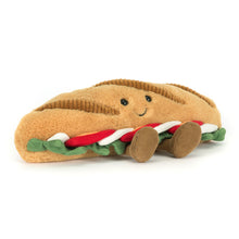 Load image into Gallery viewer, Jellycat Amuseables Caprese Baguette Plush toy shaped like a french baguette with a smiling face on a white background
