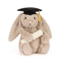 Load image into Gallery viewer, Jellycat Bashful Bunny plush wearing graduation outfit
